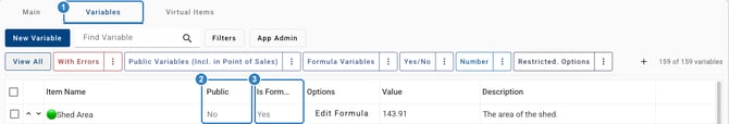 Variables tab in the pricing database showing the Public and Is Formula columns. Shed Area reads No under Public and Yes under Is Formula.