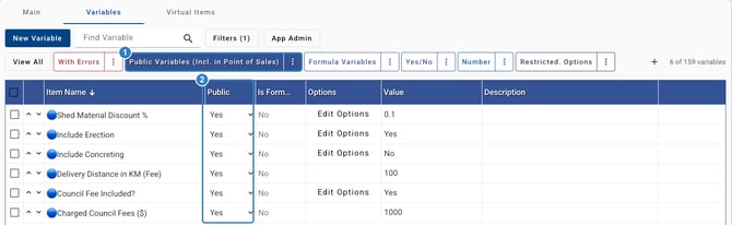 Variables list filtered to Public Variables (Incl. in Point of Sales), showing six variables such as Include Erection and Delivery Distance in KM (Fee), each marked Yes under Public.