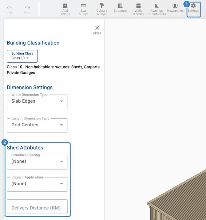 3D designer with the Settings panel open, showing the Shed Attributes section with Structure Coating, Council Application and Delivery Distance (KM).