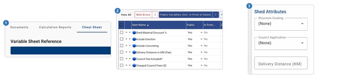 Three ShedMate screens side by side, numbered 1 to 3: the Cheat Sheet tab in Reports, the Public Variables list in the pricing database, and the Shed Attributes section of the designer's Settings panel.