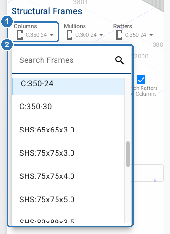Structural Frames section of the Structure panel with the Columns list open, showing C-section and SHS profile sizes under a Search Frames box.