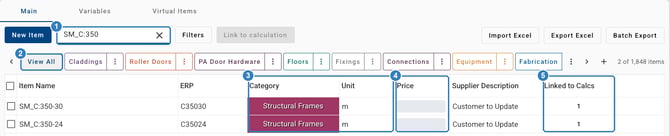 Pricing Database Main tab filtered by a Find Item search to two structural frame items, with the Category, Unit, Price and Linked to Calcs columns marked. Price values are hidden.