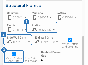 Structural Frames section of the Structure panel, with Purlins and Side Wall Girts both set to TH:120-120 top-hat sections, and Match Purlins And Girts ticked.