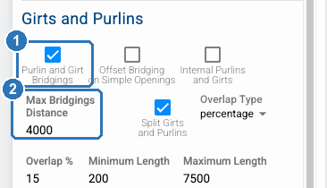 Girts and Purlins section of the Structure panel with Purlin and Girt Bridgings ticked and Max Bridgings Distance set to 4000.