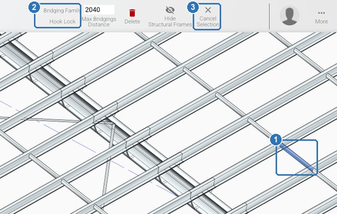 Shed Designer with one roof bridging member highlighted between two purlins. The top bar shows Bridging Family set to Hook Lock, Max Bridgings Distance 2040, Delete, Hide Structural Frames and Cancel Selection.