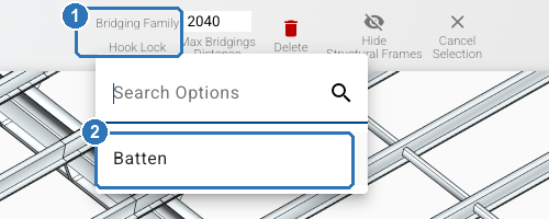 Bridging Family list open below the current value Hook Lock, with a Search Options box and the option Batten.