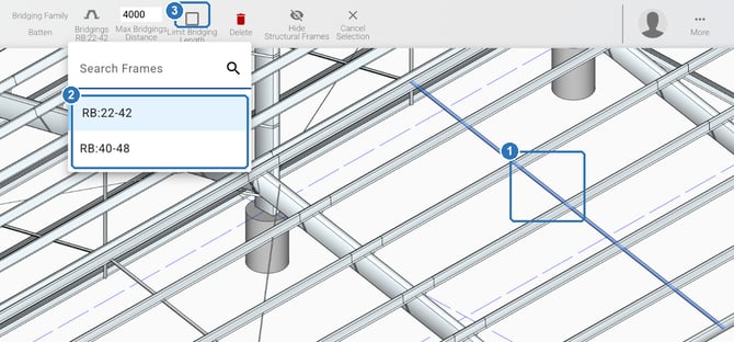 Shed Designer with one roof bridging member highlighted. The top bar shows Bridging Family set to Batten, Bridgings RB:22-42, Max Bridgings Distance 4000 and an unticked Limit Bridging Length box. The Bridgings list is open, with a Search Frames box and the sections RB:22-42 and RB:40-48.