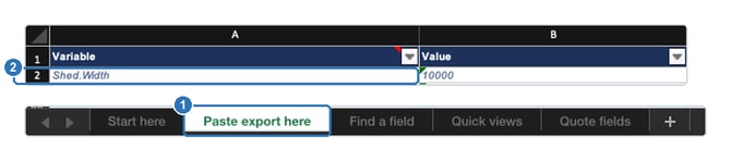 Two parts of the Cheat Sheet Explorer workbook in Excel, combined: the Variable and Value column headings with the example row Shed.Width, 10000, in row 2, and the sheet tabs with Paste export here selected.