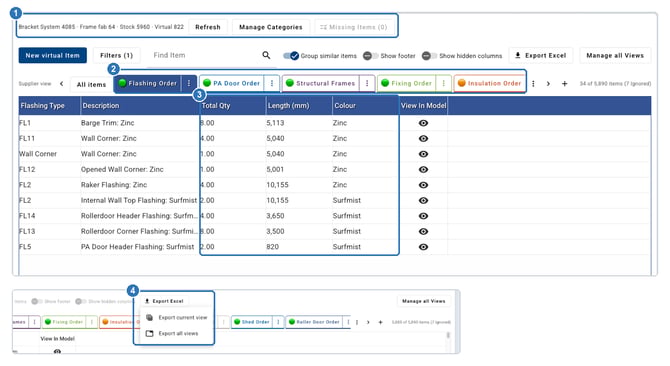 Two Orders screens combined. The first shows source counts with Refresh, Manage Categories and Missing Items (0) buttons, supplier view tabs such as Flashing Order and PA Door Order, and a list of flashings with quantity, length and colour. The second shows the Export Excel menu with Export current view and Export all views.