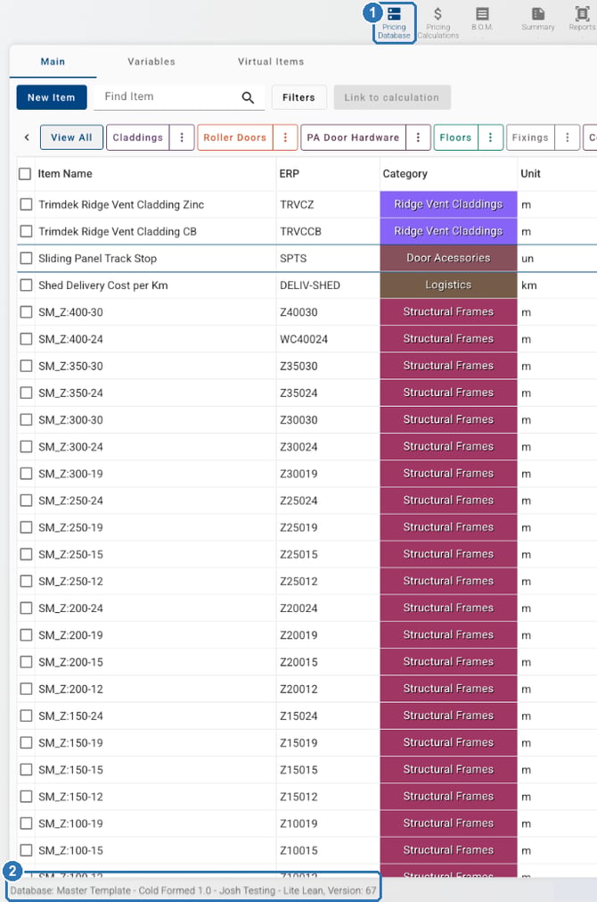 Instant Quoting Pricing Database, Main tab, listing items with Item Name, ERP, Category and Unit columns, and a footer showing the database name and Version 67.