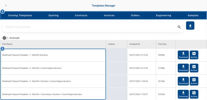 Templates Manager on the Quoting tab, listing four Word quote templates named Shedmate Proposal Template 1 to 4, with tabs for Costing Templates, Quoting, Contracts, Invoices, Orders, Engineering and Samples.