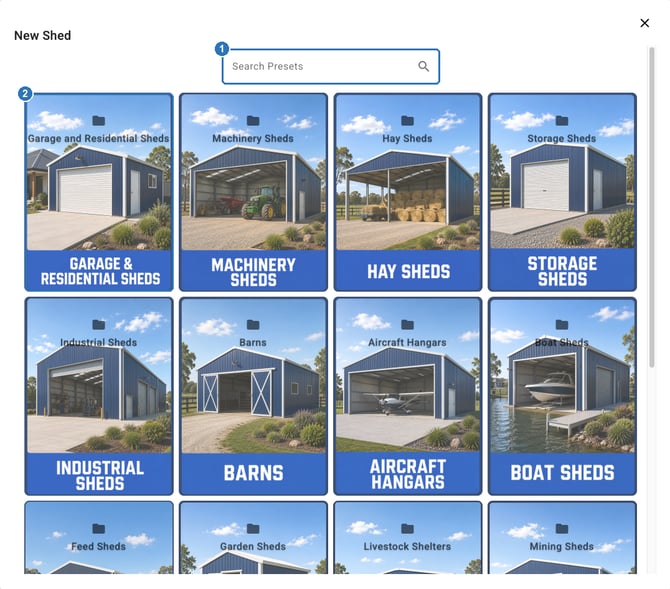 New Shed window with a Search Presets box above preset folders such as Garage and Residential Sheds, Machinery Sheds, Hay Sheds and Storage Sheds.