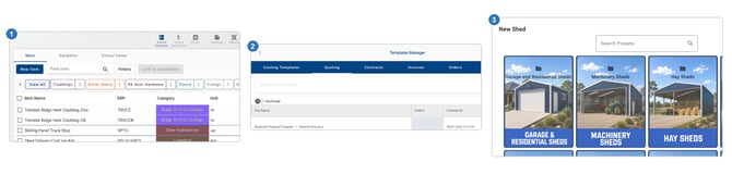 Three ShedMate screens side by side, numbered 1 to 3: the Pricing Database item list, the Templates Manager Quoting tab, and the New Shed preset folders.