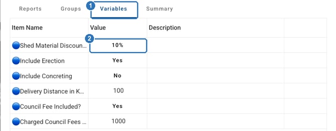 Quoting window on the Variables tab, listing Shed Material Discount at 10%, Include Erection Yes, Include Concreting No, Delivery Distance 100, Council Fee Included Yes and Charged Council Fees 1000.