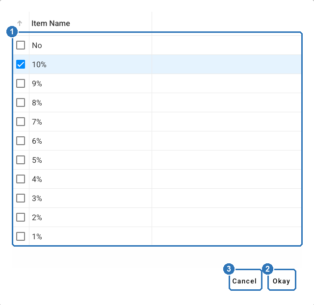List of approved options for the discount: No, 10% (ticked), and 9% down to 1%, with Cancel and Okay buttons.