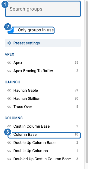 The left-hand list in Manage Presets: Search groups marked 1, Only groups in use marked 2, and the Column Base group marked 3 under Columns