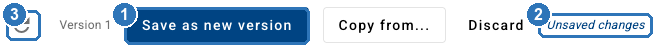 Edit mode header: Save as new version marked 1, Unsaved changes marked 2 and the reload arrow marked 3, with Version 1, Copy from and Discard