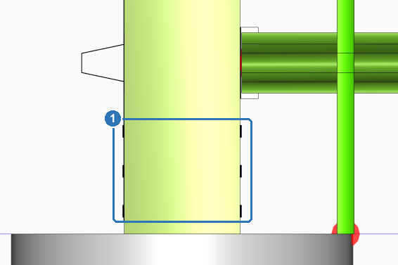 Front view of a column base on the job copy: three rows of flange holes, seen as short marks on both edges of the column, marked 1