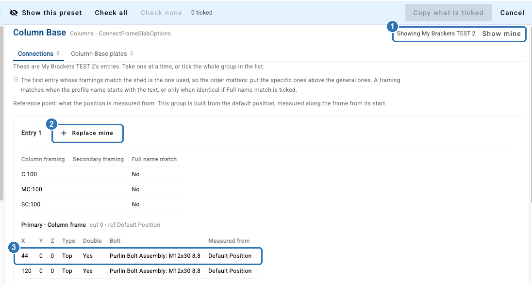 Copy mode on Column Base: Showing My Brackets TEST 2 with Show mine marked 1, Entry 1's Replace mine button marked 2, and its first punch row at X 44 marked 3
