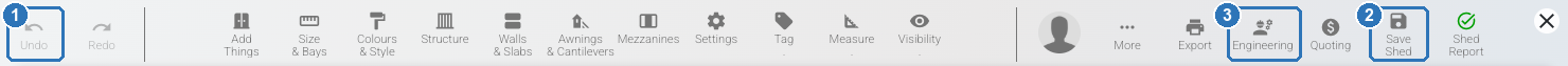 Shed Designer toolbar with Undo marked 1, Save Shed marked 2 and Engineering marked 3