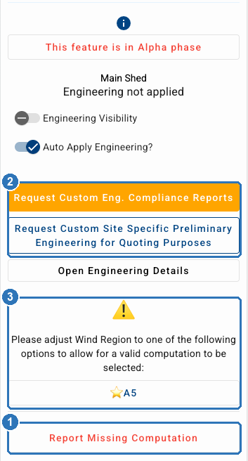 Engineering panel reading Engineering not applied: Report Missing Computation marked 1 at the bottom, the two paid request buttons marked 2, and a wind region suggestion marked 3