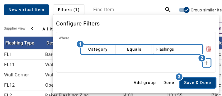 Configure Filters with the rule Category Equals Flashings marked 1, the add rule button marked 2 and Save and Done marked 3