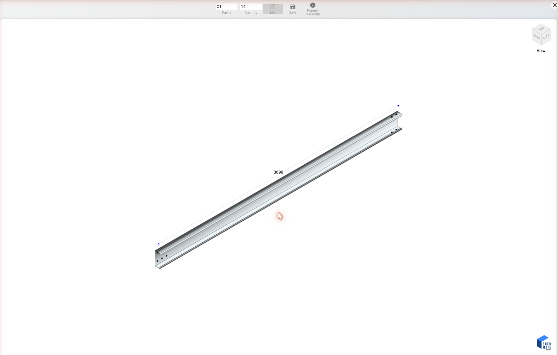 Fabrication module showing part C1, quantity 14, with List, Save and Frames Metadata in the toolbar and the member's punch holes visible at each end