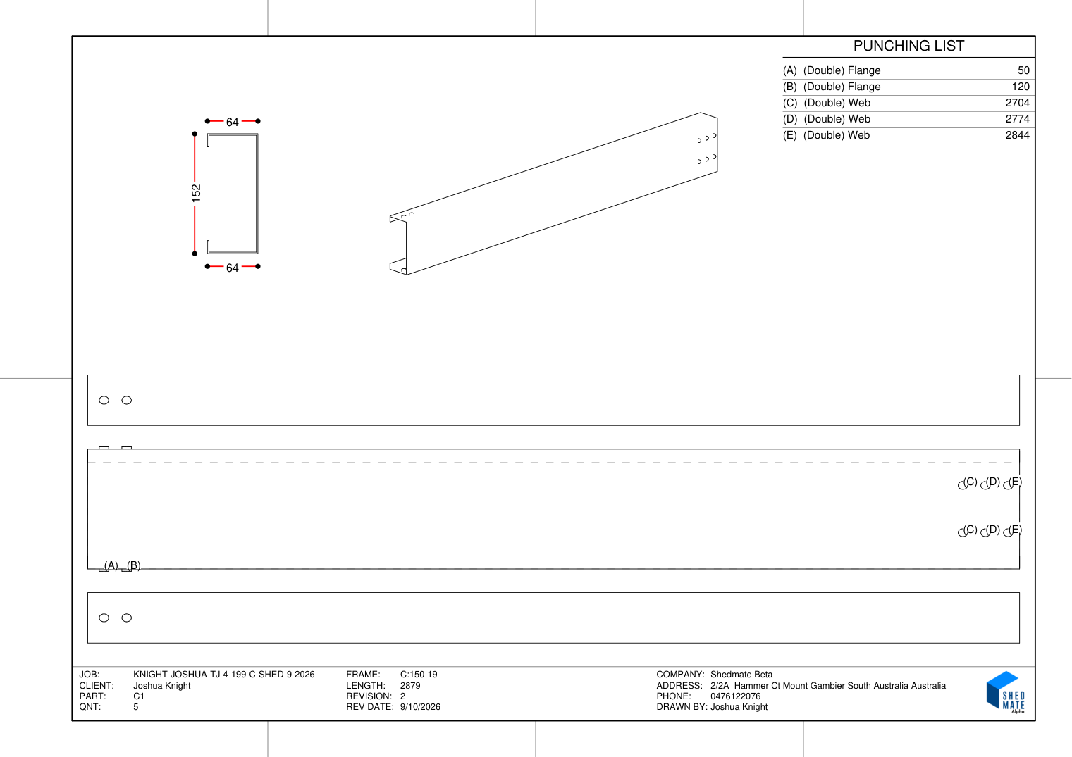 The same punching page with Show Top And Bottom Flanges ticked: the flat layout now has a top flange strip above it and a bottom flange strip below it