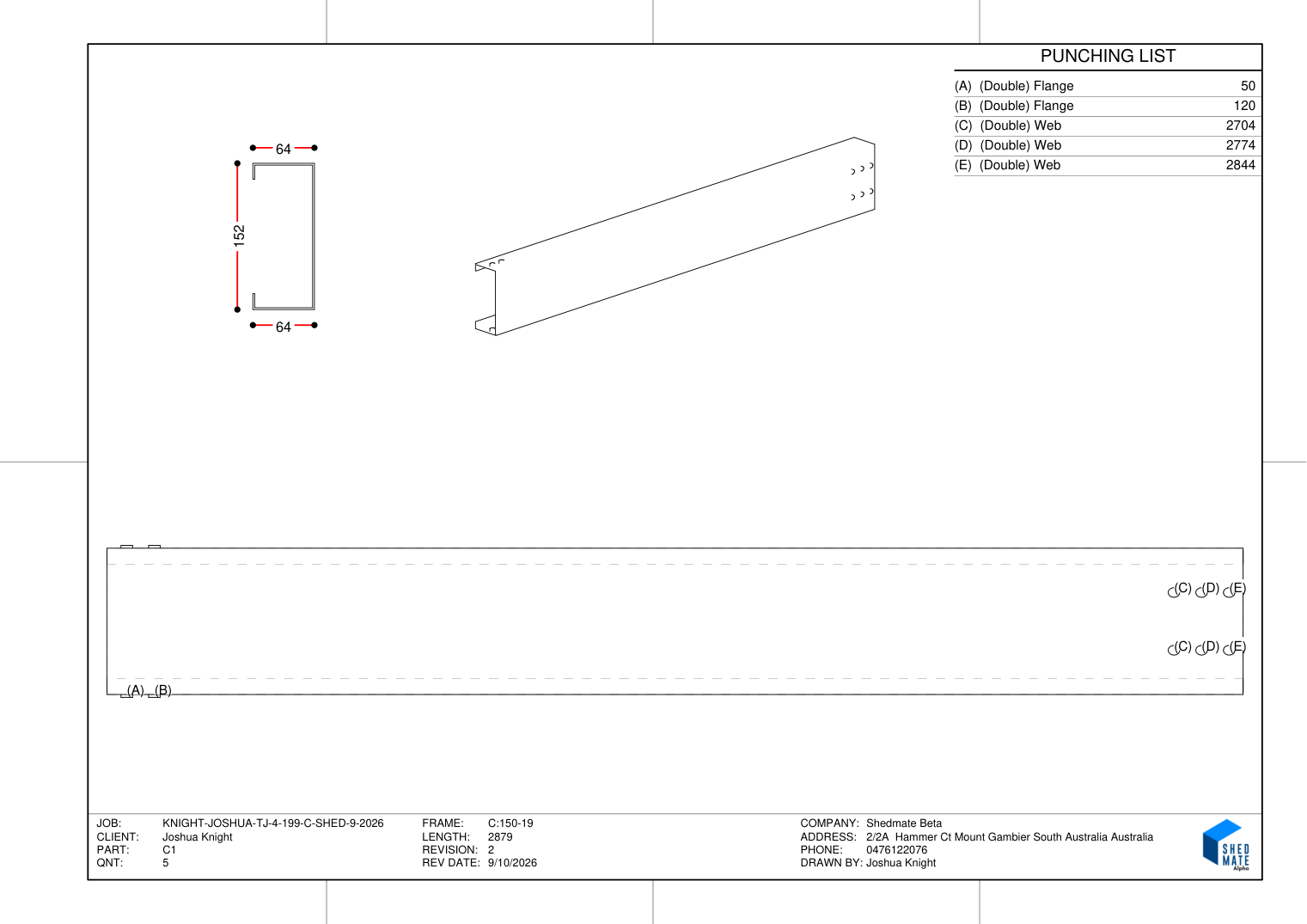 Punching page without flange views: section view, 3D view, punching list and one flat layout of the member