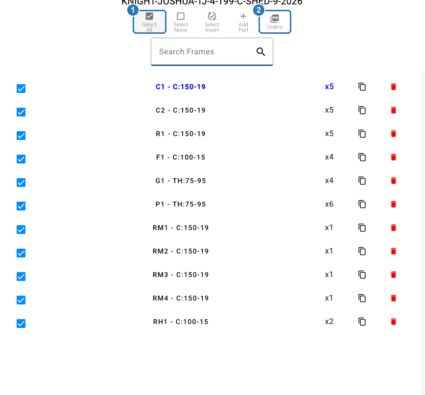 Part list with every part ticked, Select All marked 1 and Orders marked 2, and each part's section, quantity, duplicate and delete icons