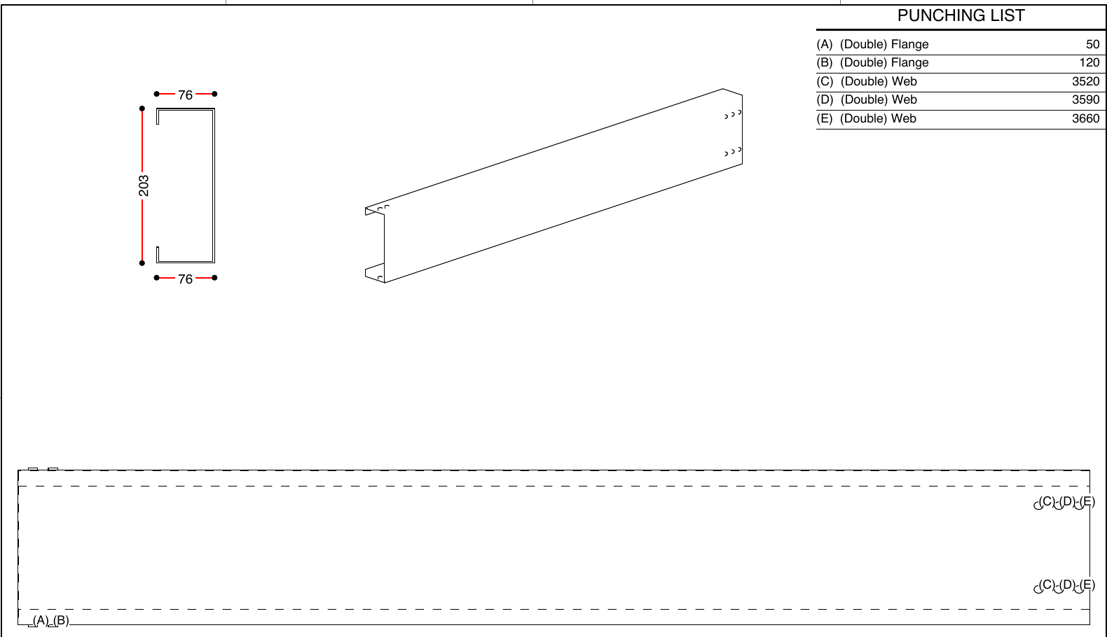 One page of the punching PDF for a C200 column: section view, 3D view, the Punching List table of holes A to E with their positions in mm, and the flat layout with the holes marked
