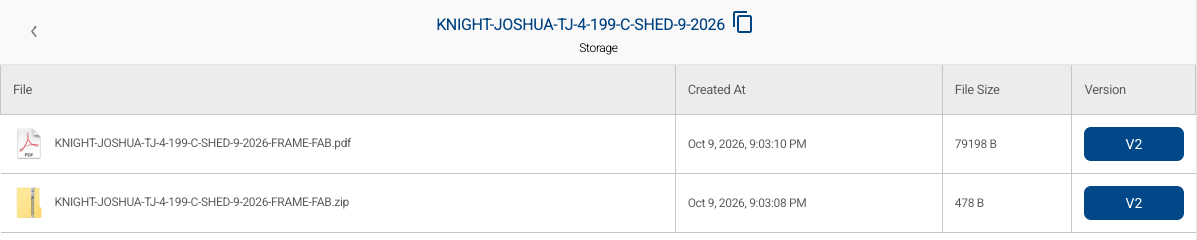 Job Storage listing the FRAME-FAB PDF and the FRAME-FAB zip with their created date, file size and version