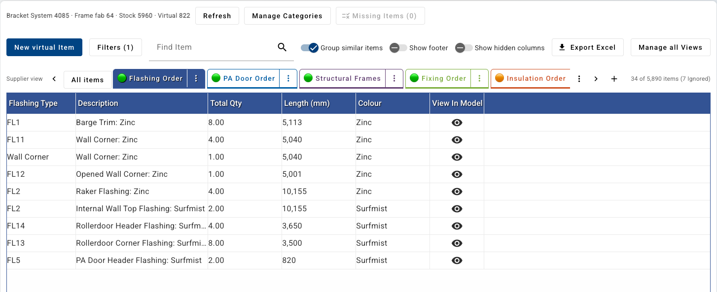 Orders screen with the Flashing Order supplier view open, listing flashing types, descriptions, total quantity, length and colour