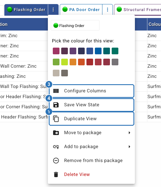 A supplier view's menu: Duplicate View marked 1, Configure Columns marked 3 and Save View State marked 4, with the view name, colour picker, Move to package, Add to package, Remove from this package and Delete View