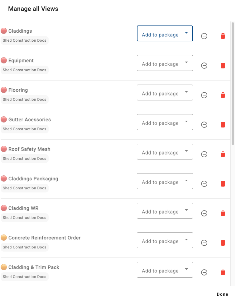 Manage all Views listing each view with its package, an Add to package list, a remove icon and a delete icon