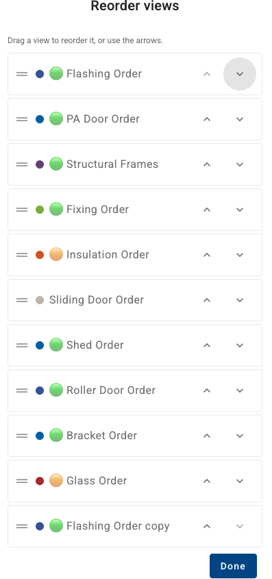 Reorder views window listing every supplier view in the package, with Flashing Order copy at the end, drag handles, up and down arrows, and Done