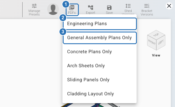 Bracket System PDFs menu marked 1, with Engineering Plans marked 2, General Assembly Plans Only marked 3, then Concrete Plans Only, Arch Sheets Only, Sliding Panels Only and Cladding Layout Only