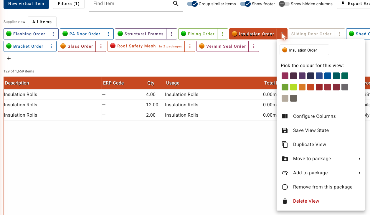An Insulation Order view menu showing Configure Columns and Save View State.