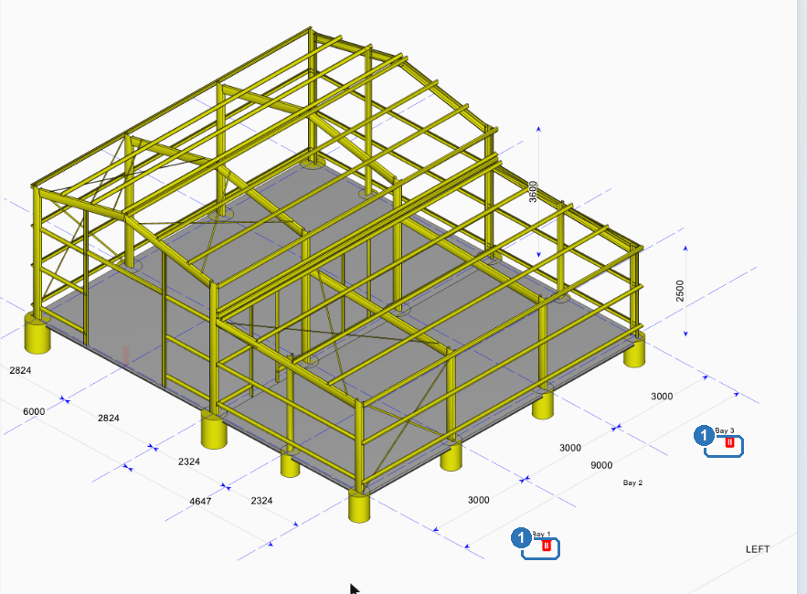 A shed with a 3-bay side awning. The red bins under Bay 1 and Bay 3, at the two ends of the awning, are marked 1