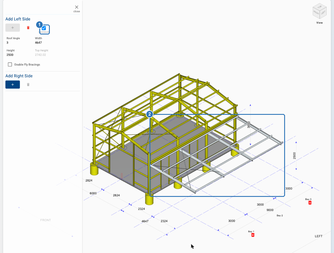 Cantilever ticked under Add Left Side, marked 1, and the cantilevered awning with no posts along the side of the shed, marked 2