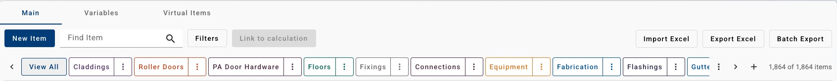 Instant Quoting Pricing Database, Main tab, with Find Item and Filters above View All and named view buttons; arrows sit at the ends of the view row