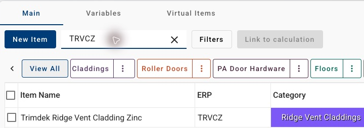 Find Item contains the example ERP code TRVCZ, and the table shows Trimdek Ridge Vent Cladding Zinc with the matching ERP